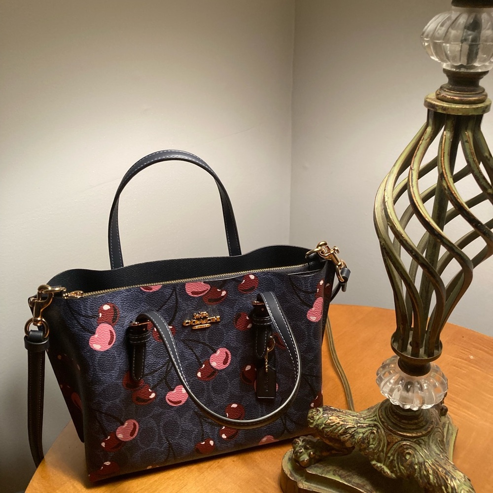 Coach Mollie Tote Bag 25 In Signature Canvas Blue With Cherry Print (CZ772) - Picture 2 of 5